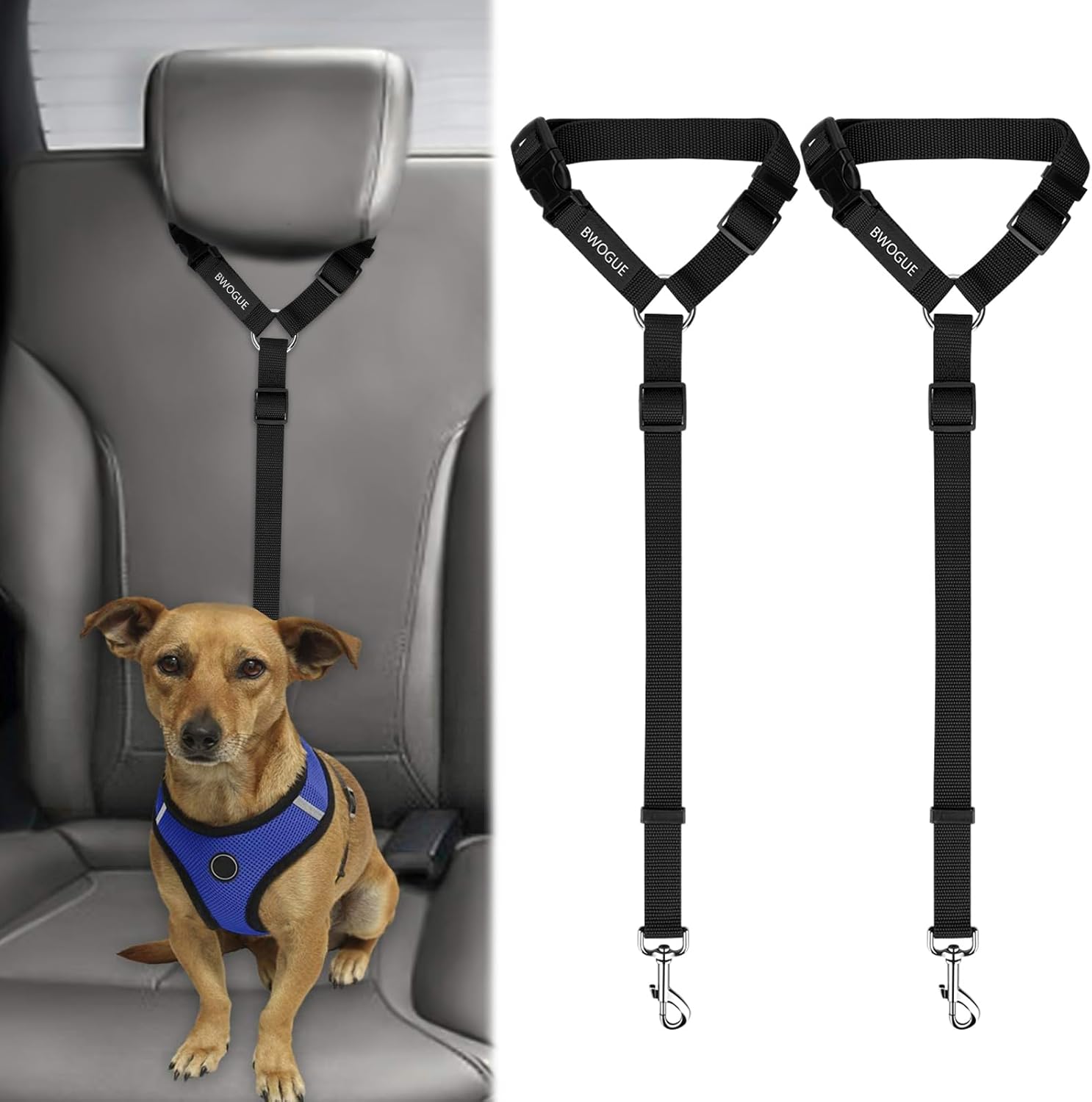 Black adjustable dog car seat belts with metal hooks and buckles on a light gray background.