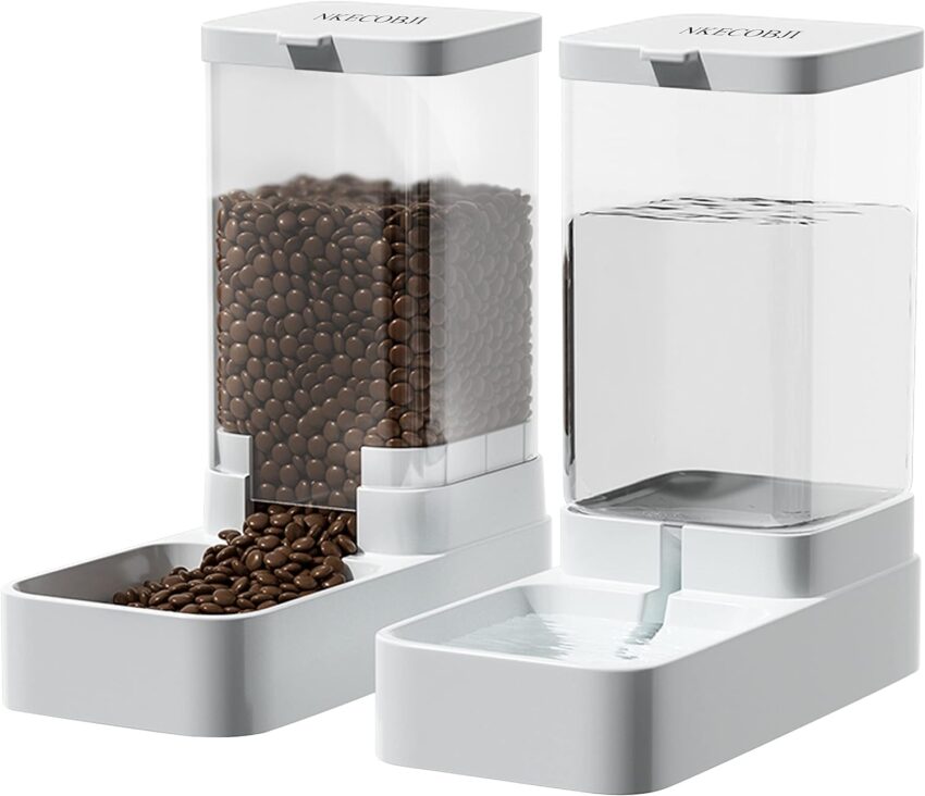 Two modern automatic pet feeders, one filled with dry kibble and one with clear water.