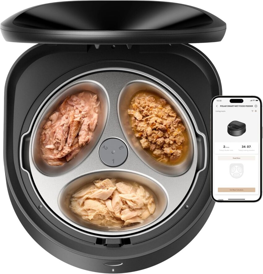 Black smart wet food feeder with open lid showing three wet food types, flanked by dry feeder and smart bowl, a phone displaying its app.