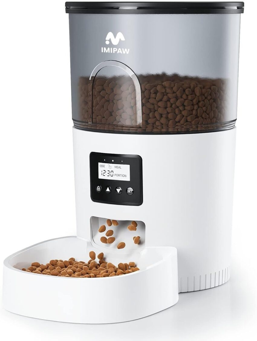 White automatic pet feeder dispensing kibble, paired with a matching water fountain.