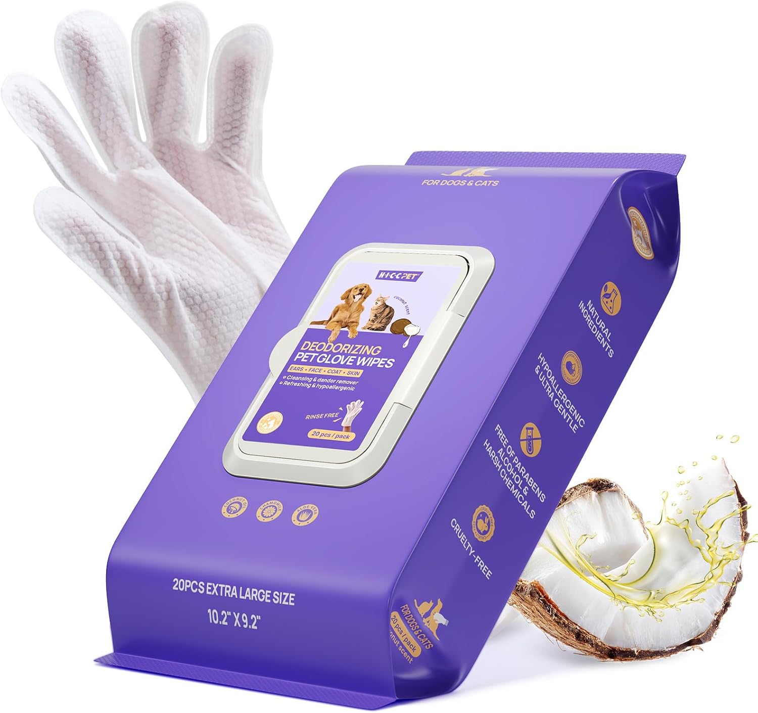 Purple pet deodorizing wipe pouch, white grooming glove, natural fiber brush, and cracked coconut on white.