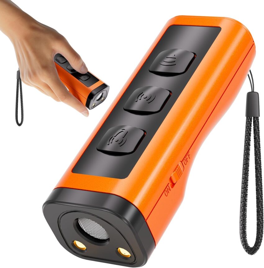 Sleek orange and black handheld dog training device with control buttons, speaker grille, and light emitters.