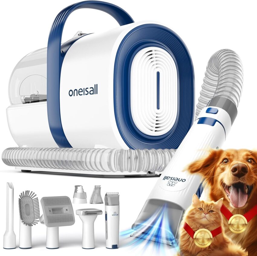 White and blue pet grooming vacuum system with main unit, hose, handheld tool, and eight attachments on gray.