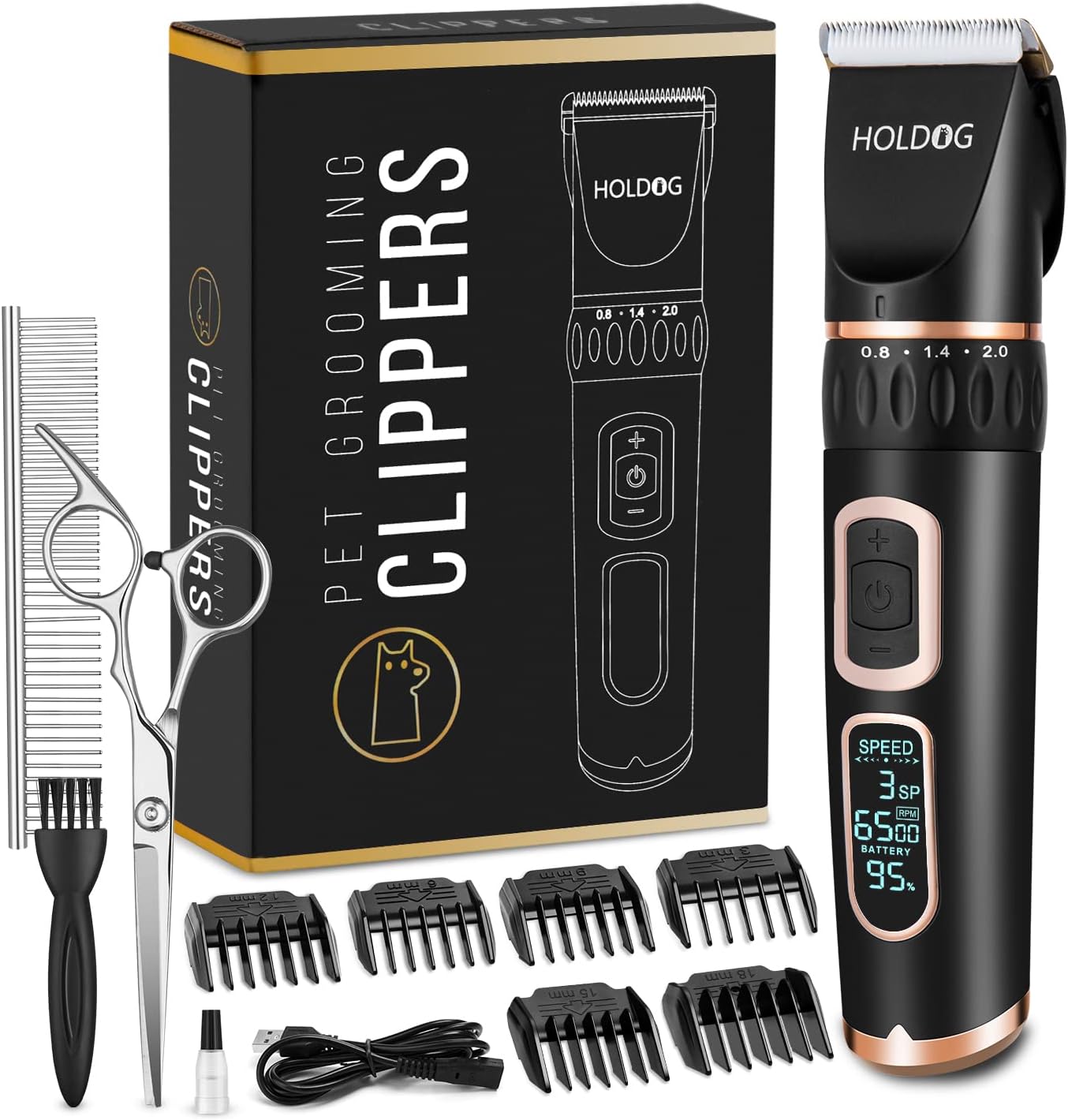 Professional pet grooming clipper kit with black and rose gold clipper and various accessories.