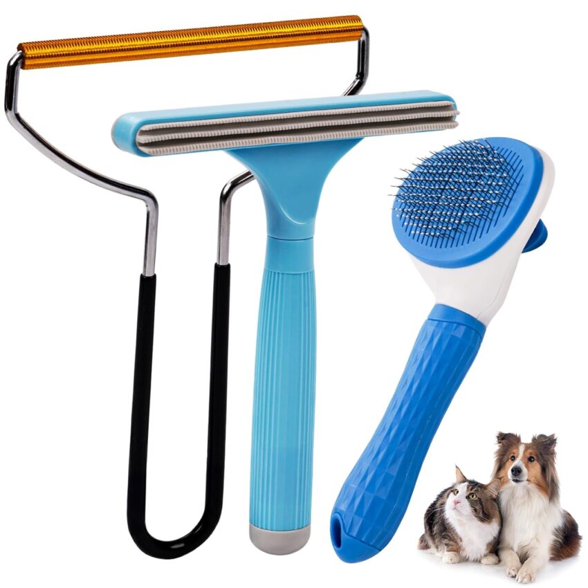 Blue and white self-cleaning slicker brush, metal lint remover, and blue pet hair tool on a light gray background.