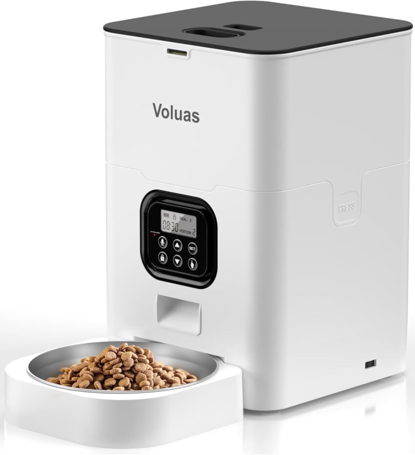 Modern white automatic pet feeder and a smaller companion feeder with dark gray lids on blue.