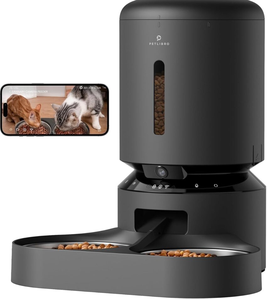 Sleek dark gray automatic pet feeder, smart water fountain, and treat dispenser with a phone display.