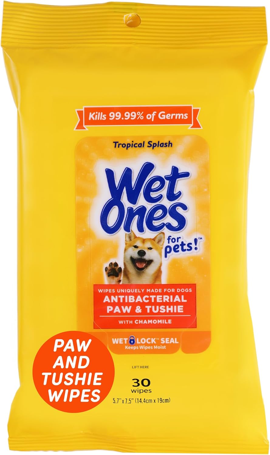 Vibrant yellow pet wipe pouches, one upright, one tilted, with Shiba Inu graphic.